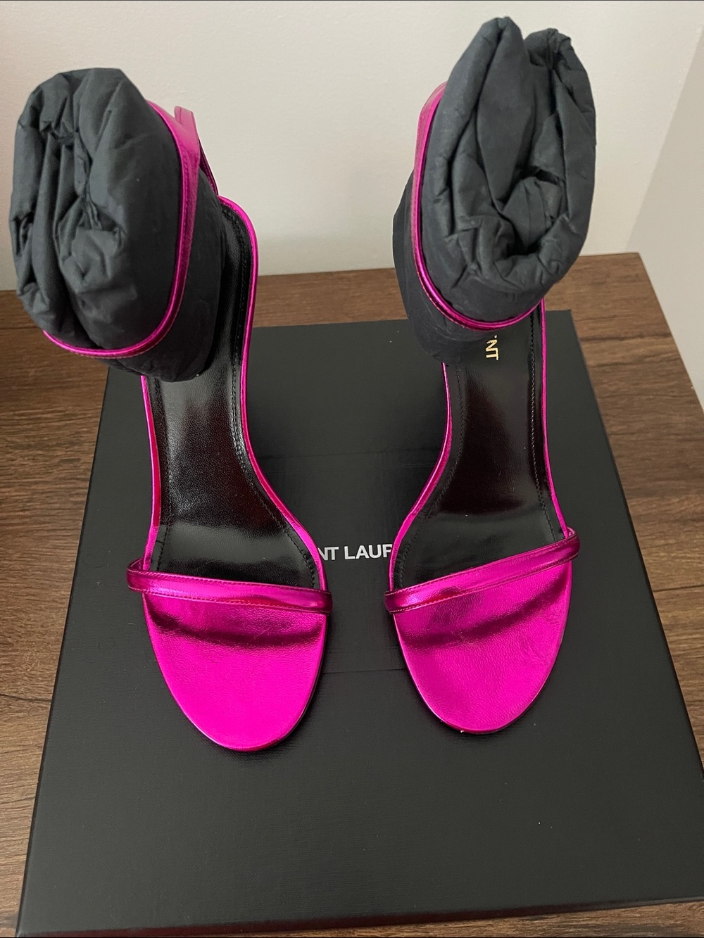 Saint Laurent Metallic Fuchsia Open-Toe Stiletto Sandals - Picture 2 of 12